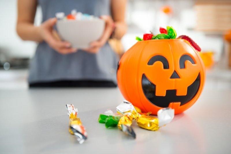 closeup of Halloween bucket with candy